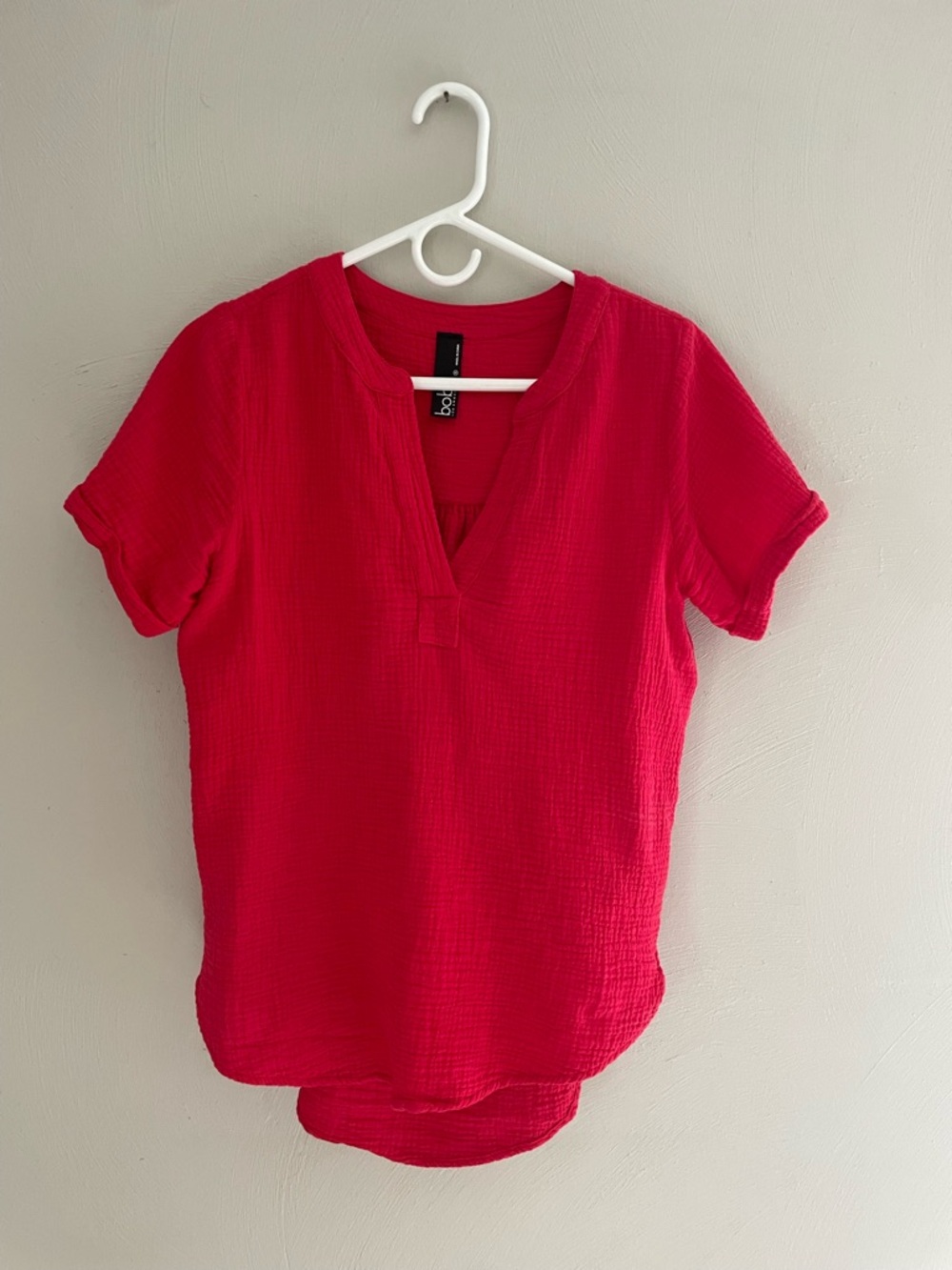 bobi Hot Pink Gauze V-Neck Short Sleeve Shirt Small